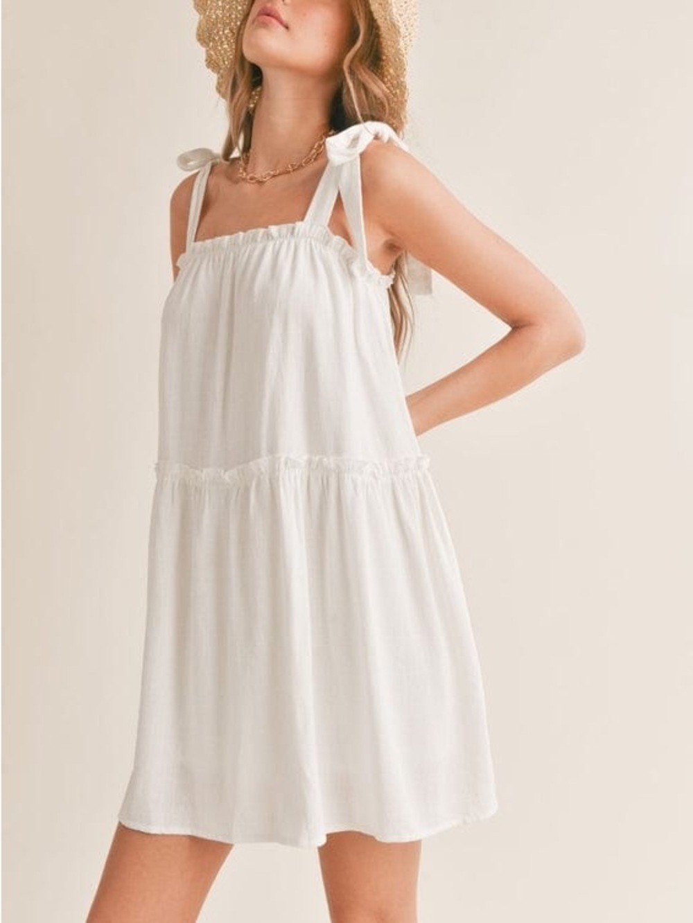 White Linen Blend Tiered Mini Dress Tie Strap Cottagecore Coquette XS NWT